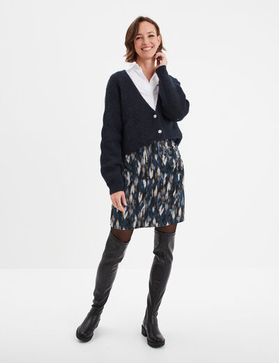 Gilet col en V boutonné manches longues bleu foncé femme