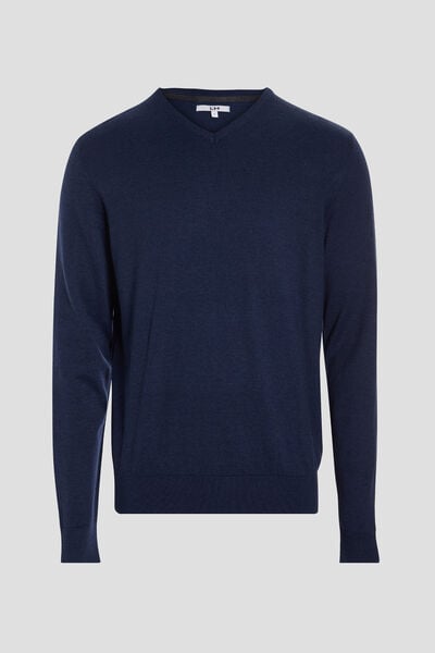 Pull jersey avec col en V bleu marine homme
