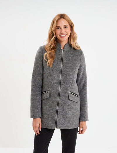 Manteau mi-long cintré zippé col montant gris foncé femme