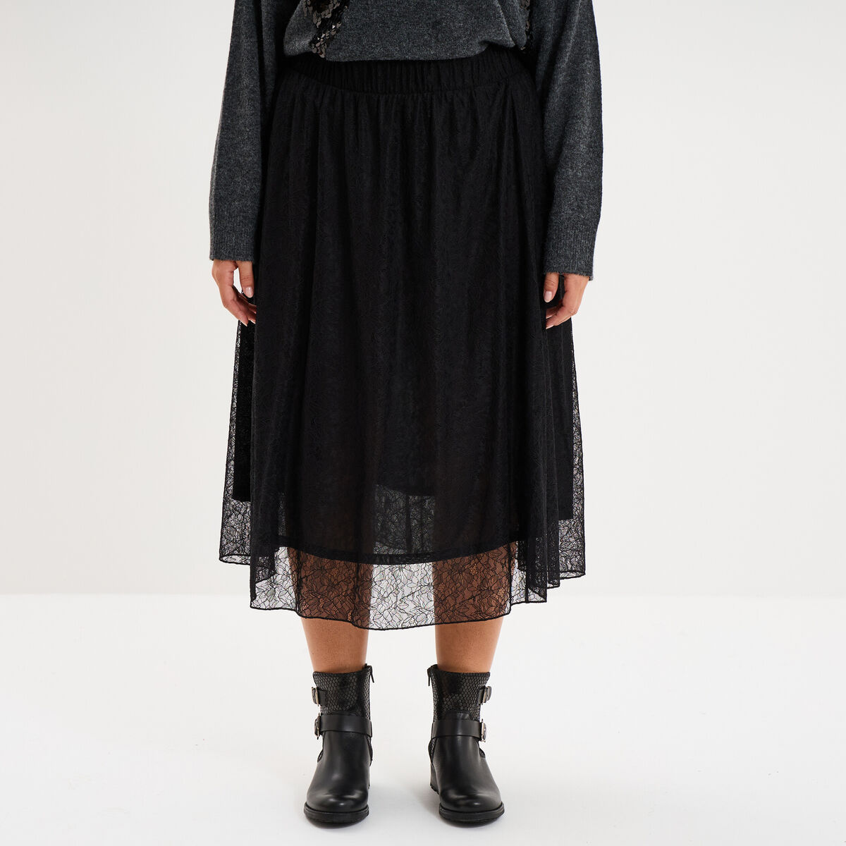 Jupe longue &eacute;vas&eacute;e en dentelle noir femme grande taille