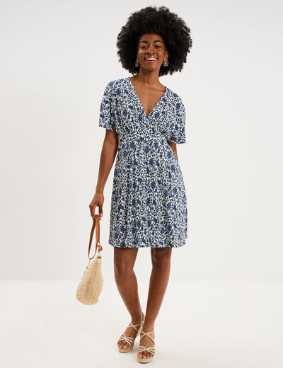 Robe courte effet pliss&eacute; manches courtes blanc femme
