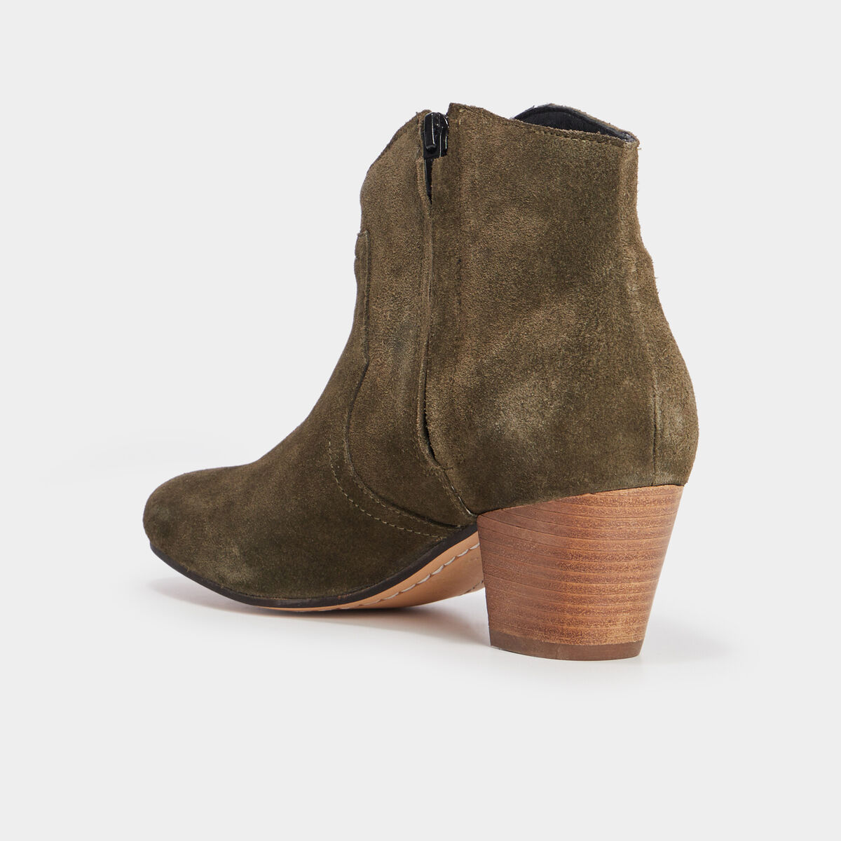 Boots bout pointu &agrave; talons en cuir vert kaki femme