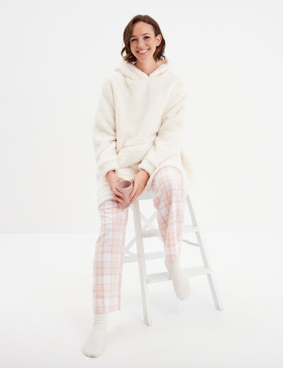 Sweat long à capuche effet laine mouton ivoire femme