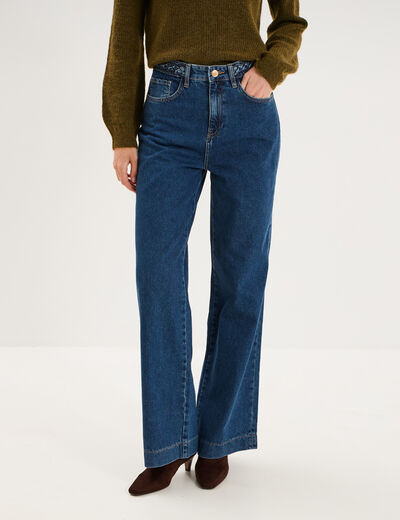 Jean large taille haute ceinture tress&eacute;e denim stone femme