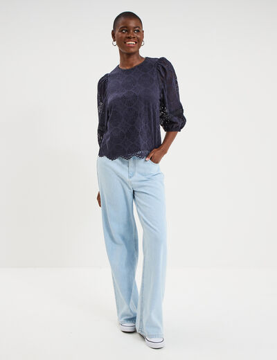 Blouse dentelle manches 3/4 bleu fonc&eacute; femme