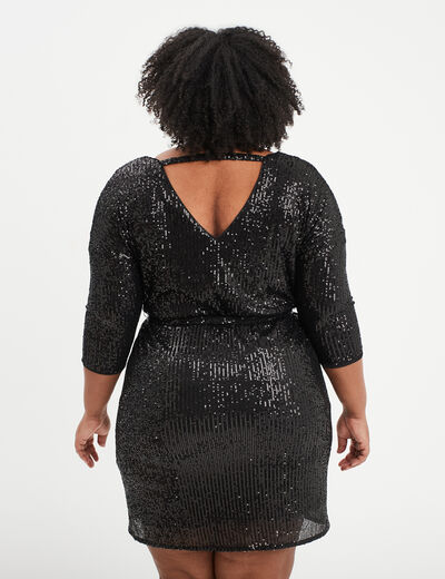 Robe évasée à sequins manches 3/4 noir femme grande taille