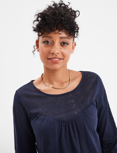 T-shirt détails dentelle Creeks bleu marine femme
