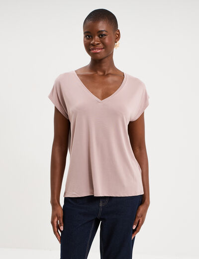 T-shirt col en V manches courtes marron clair femme