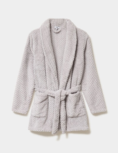 Peignoir mi-long effet polaire ceintur&eacute; gris clair femme