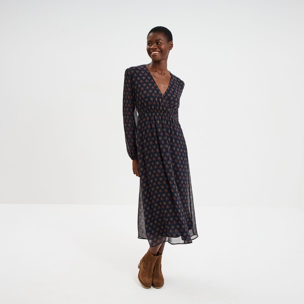 Robe longue empire manches longues bleu marine femme