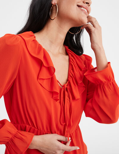 Blouse volantée col en V à cordons orange femme