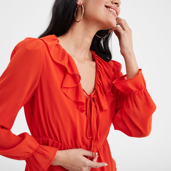blouse volantee col en v a cordons orange femme Blouse volantée col en V à cordons orange femme