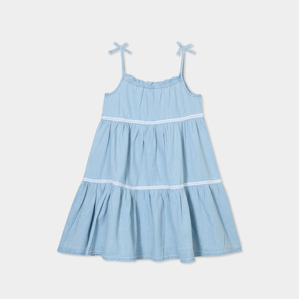 Robe trap&egrave;ze volants &agrave; bretelles coton denim double stone fille
