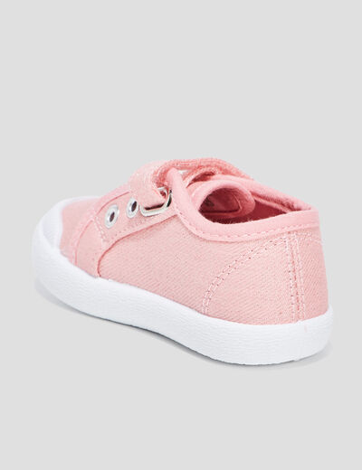 Tennis toile &agrave; scratchs semelle souple rose b&eacute;b&eacute; fille