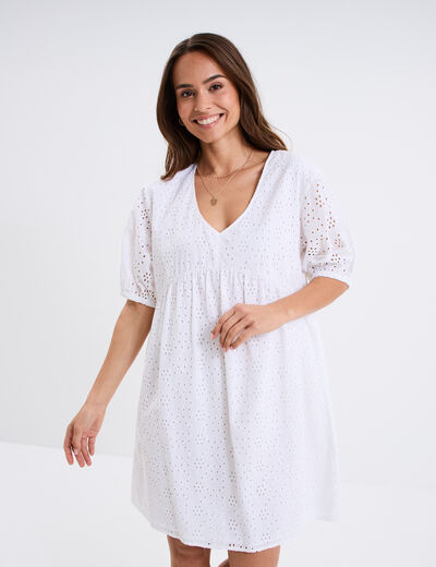 Robe broderie anglaise manches 3/4 blanc femme