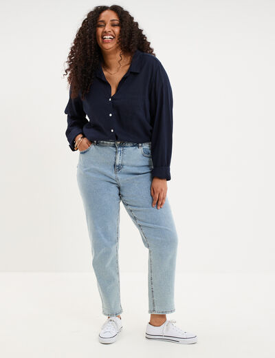 Chemise oversize lin m&eacute;lang&eacute; bleu fonc&eacute; femme grande taille