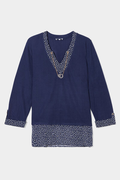 Pull col bijou effet 2-en-1 manches 3/4 bleu marine femme grande taille