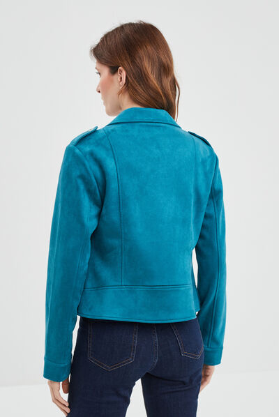 Veste esprit biker effet suédine bleu canard femme
