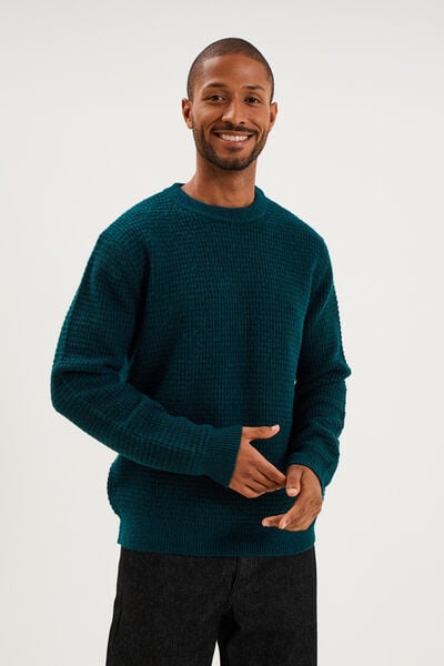Pull col rond manches longues bleu canard homme