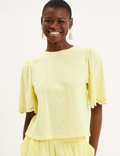 T-shirt brod&eacute; manches courtes coton jaune clair femme