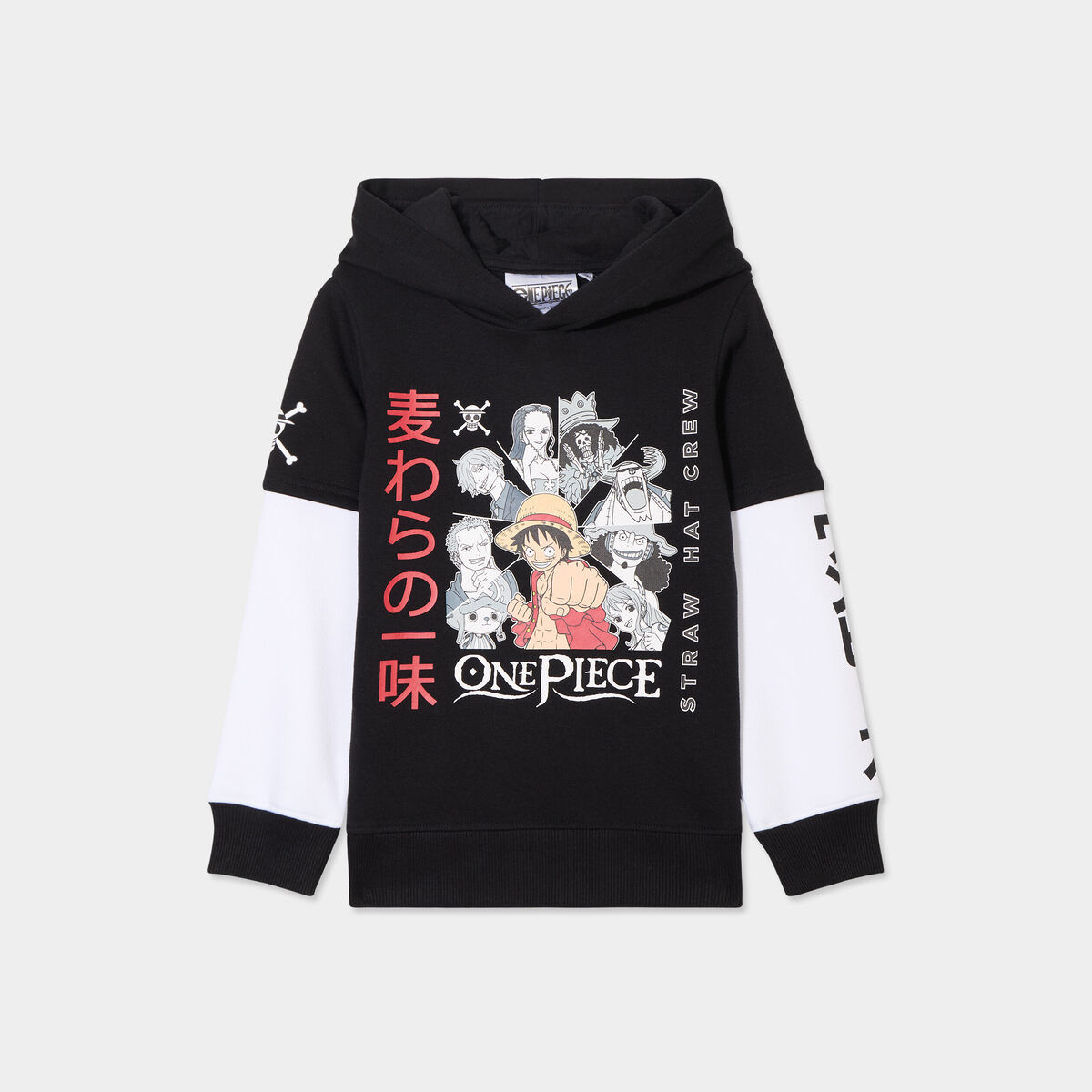 Sweat à Capuche One Piece Enfant Garçon 9-16 Ans - Hoodie Zippé Sherpa Polaire Chaud Jolly Roger Noir