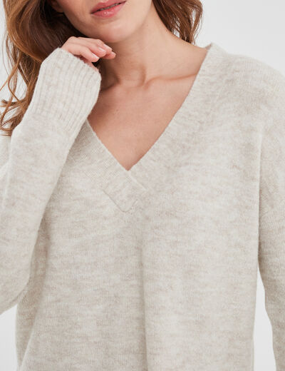 Pull droit ample col V fentes aux côtés ecru femme