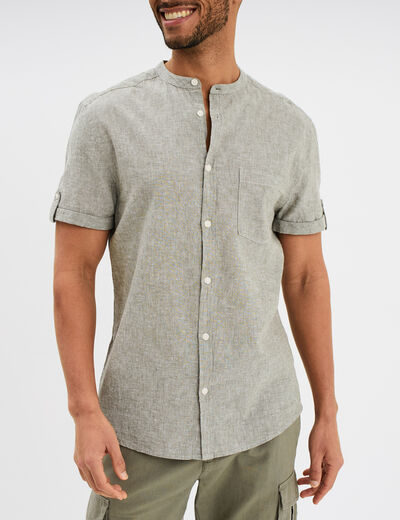 Chemise col mao lin mélangé vert kaki homme