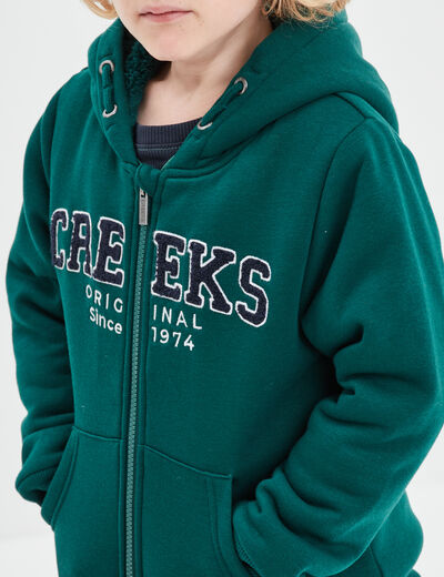 Sweat zippé à capuche fourré vert foncé garçon