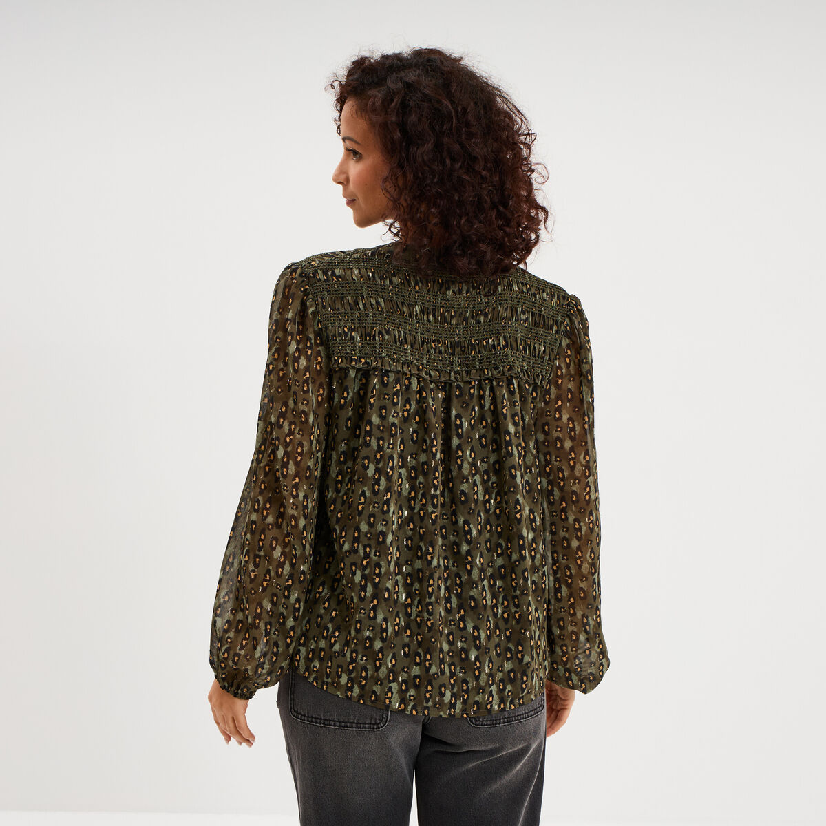 Blouse col tunisien manches longues vert kaki femme