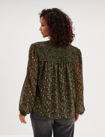 Blouse col tunisien manches longues vert kaki femme