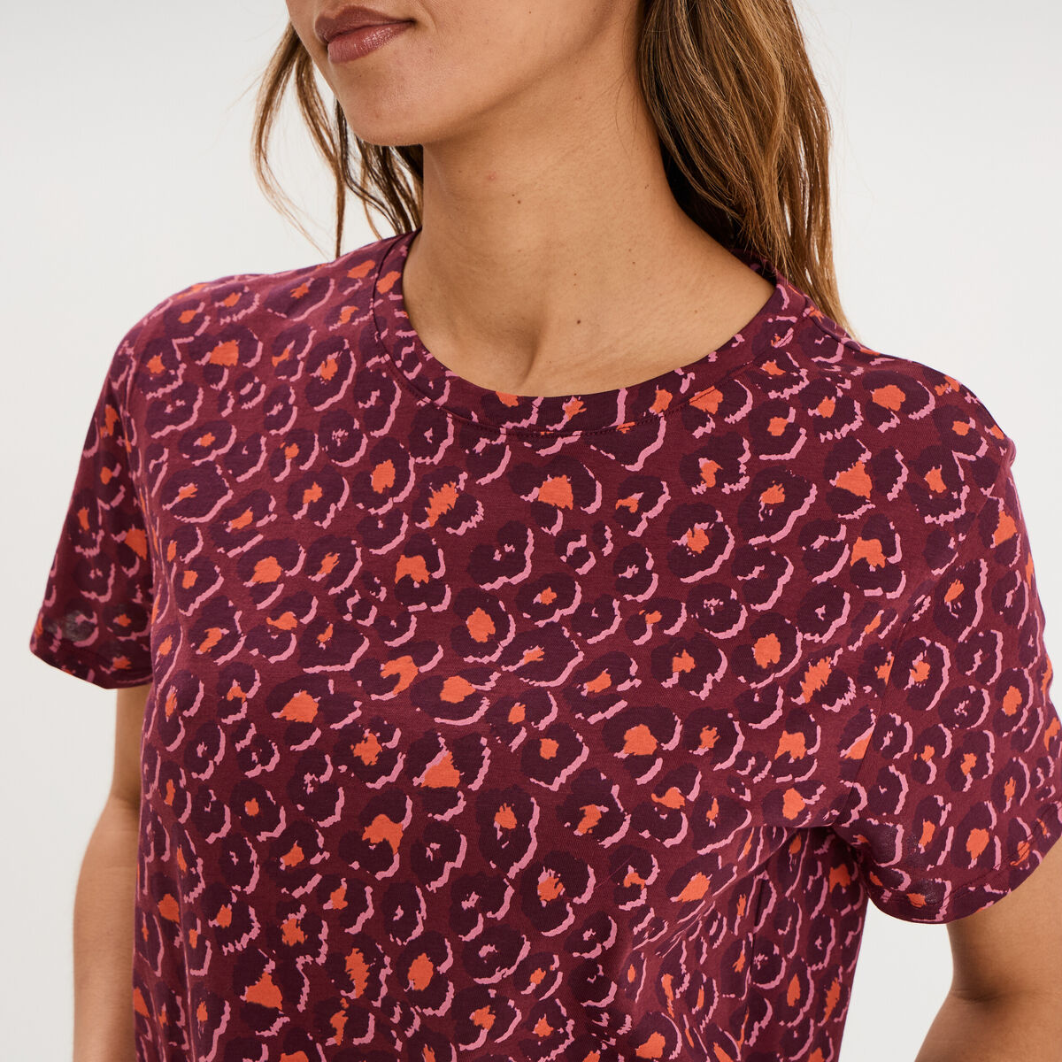 T-shirt coton col rond manches courtes bordeaux femme