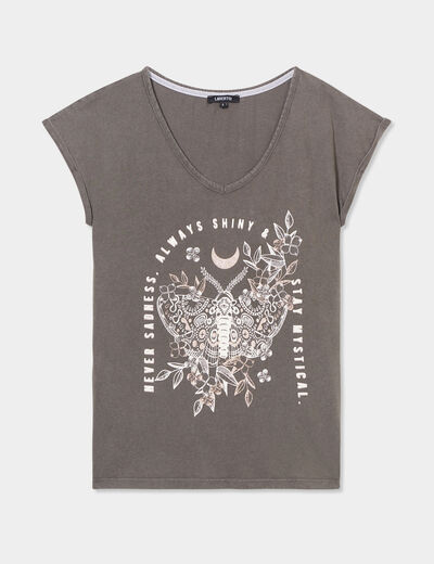 T-shirt coton col en V manches courtes vert kaki femme