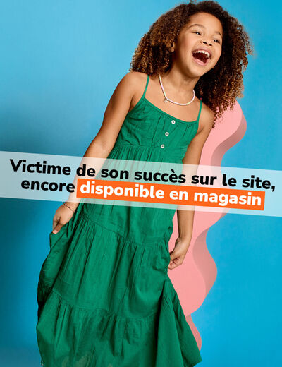 Robe longue &agrave; volants et bretelles coton vert canard fille