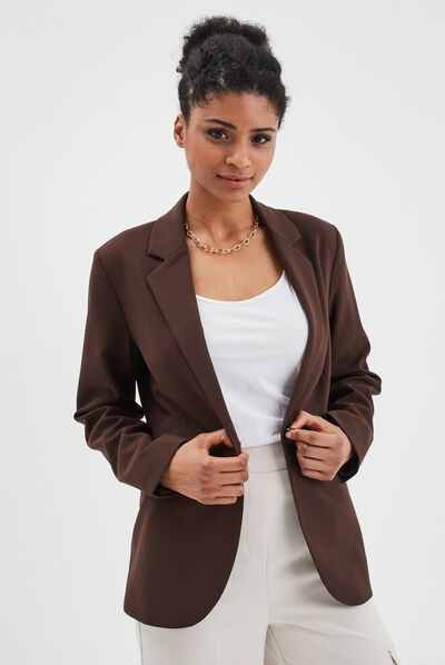Veste droite boutonnée manches longues marron foncé femme
