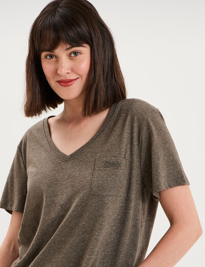 T-shirt col en V manches courtes vert kaki femme