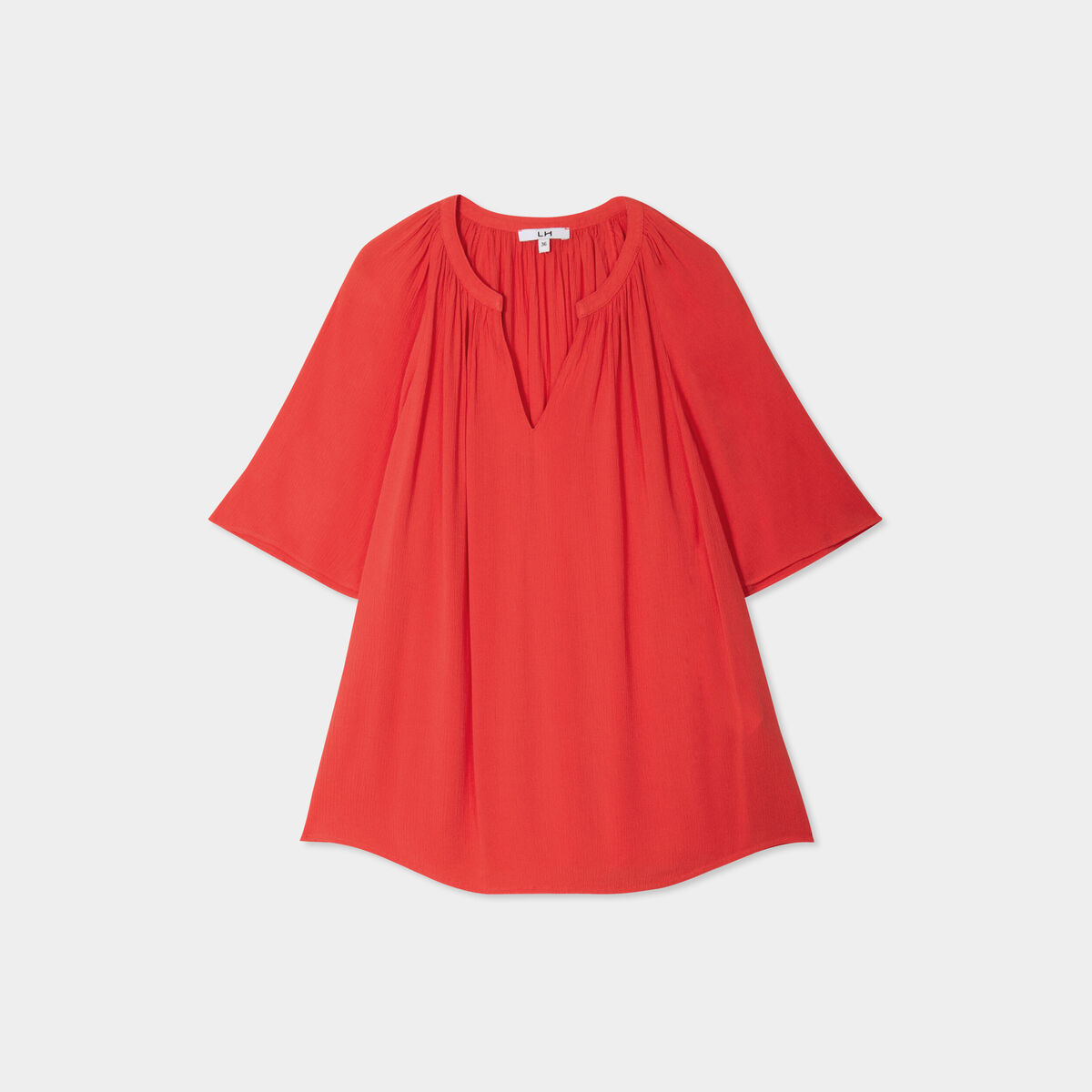 Blouse manches papillons col tunisien rouge femme