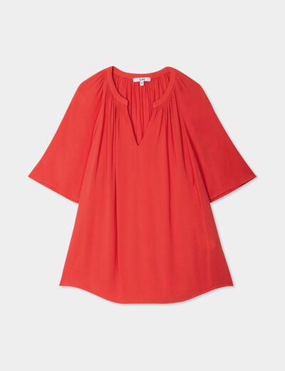Blouse manches papillons col tunisien rouge femme