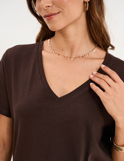 T-shirt manches courtes col en V coton marron fonc&eacute; femme