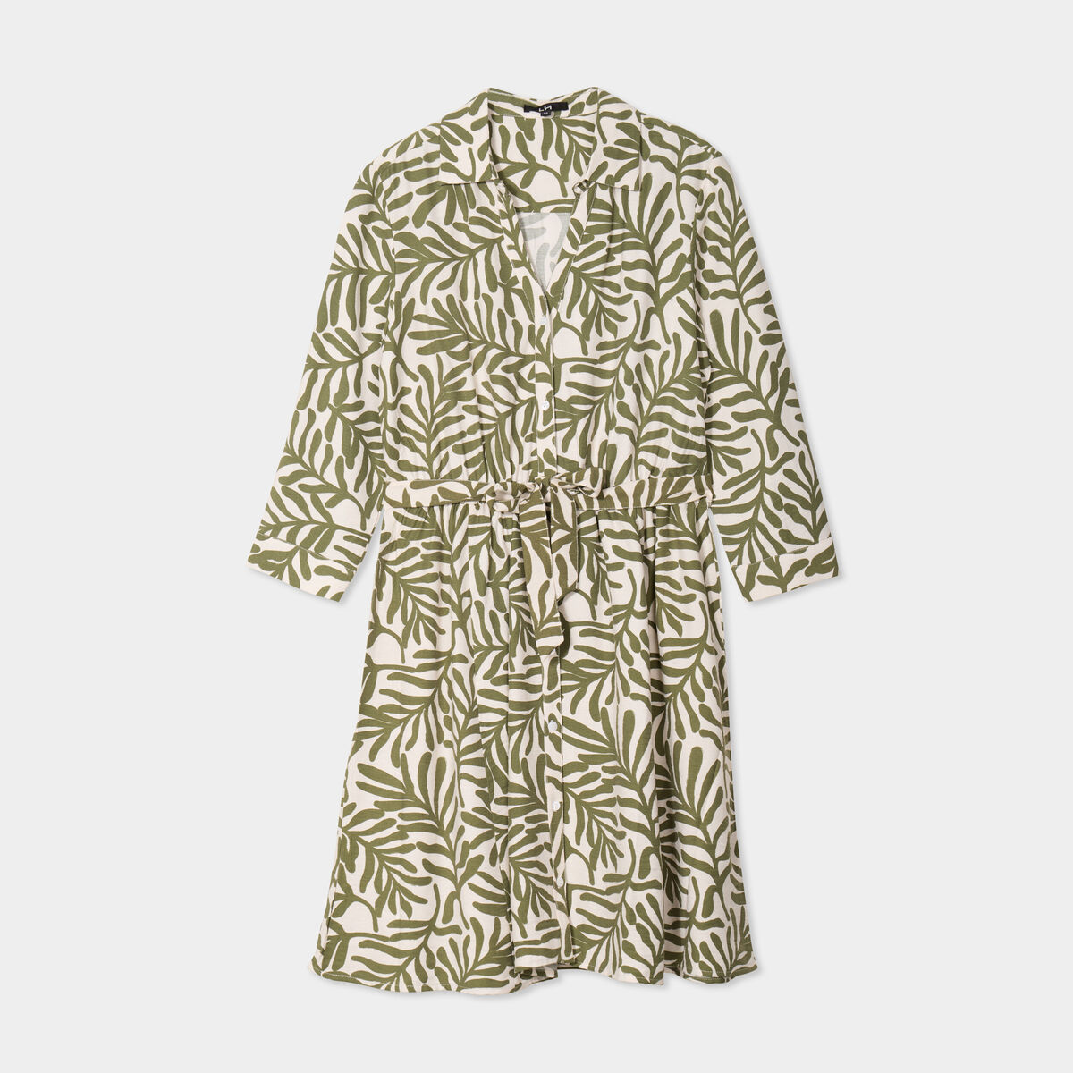 Robe col chemise ceinturée manches 3/4 blanc femme