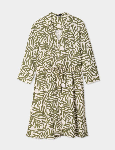 Robe col chemise ceinturée manches 3/4 blanc femme
