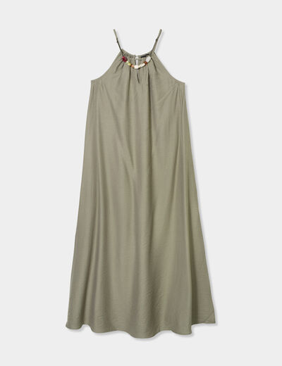 Robe longue col bijou amovible vert kaki femme
