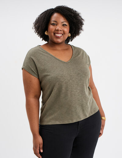 T-shirt avec strass manches courtes vert kaki femme grande taille