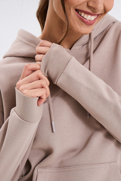 Sweat hoodie molleton &agrave; capuche beige femme