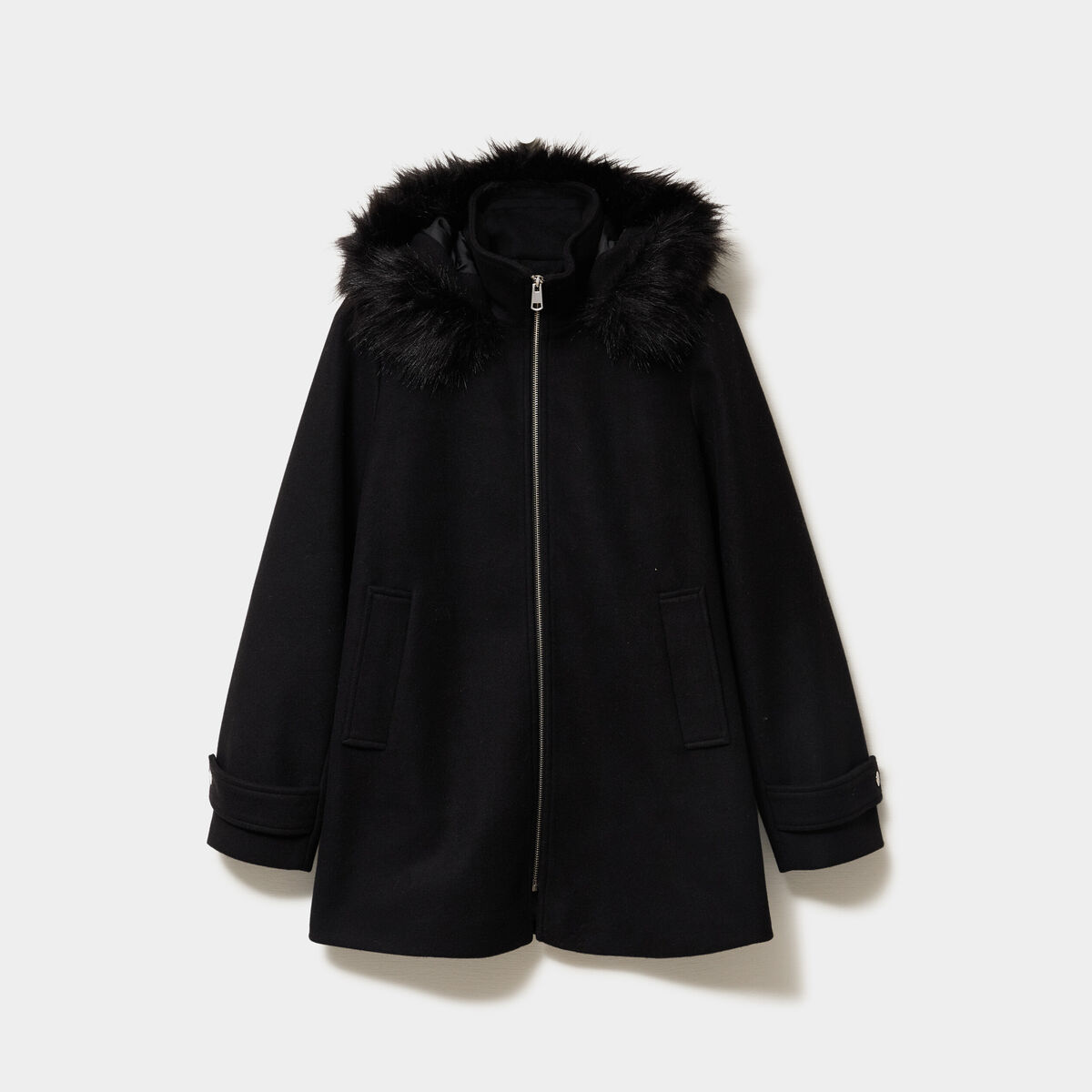 Manteau zipp&eacute; capuche fausse fourrure noir femme