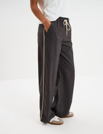 Pantalon fluide élastiqué bandes côtés gris foncé femme