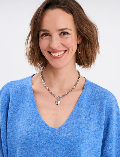 Pull col en V manches longues bleu femme