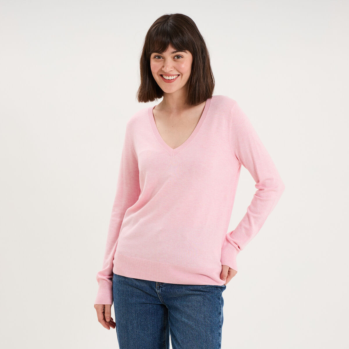 Pull col en V manches longues rose clair femme