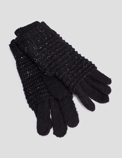 Gants 2-en-1 tricot&eacute;s avec sequins noir femme