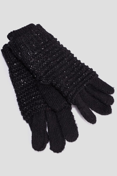 Gants 2-en-1 tricot&eacute;s avec sequins noir femme