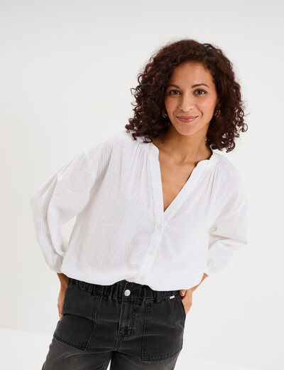 Blouse col tunisien manches 3/4 coton blanc femme